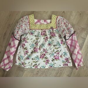 Matilda Jane Pink and Green Floral Blouse with Gingham Sleeves